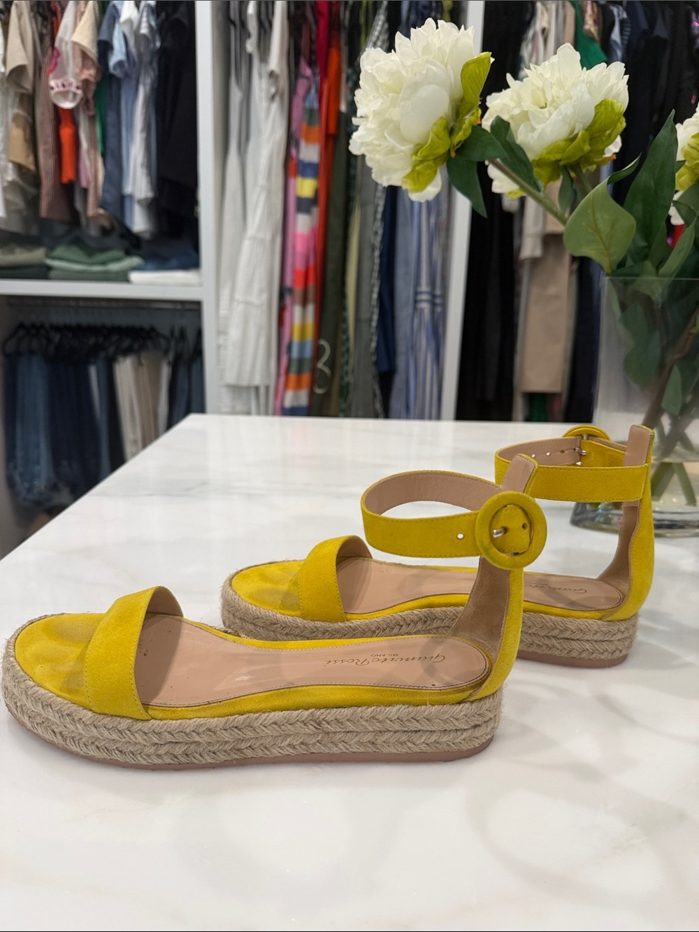 Gianvito Rossi Yellow Suede Espadrille Platform Sandals with Ankle Strap